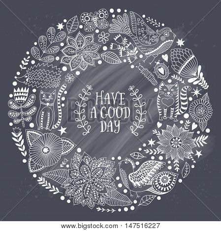 Wreath illustration made of flowers and herbs. Vector decorative frame and leaf. Spring elements. Floral doodles wreath.