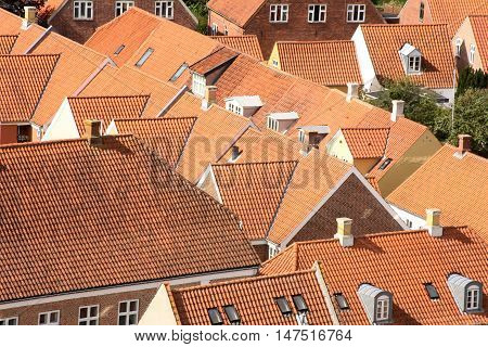 Rooftops in old Danish town Ribe. Birdseye view August 2012