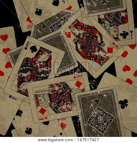 Playing cards seamless pattern background in grunge style. Vintage original design. Vector illustration