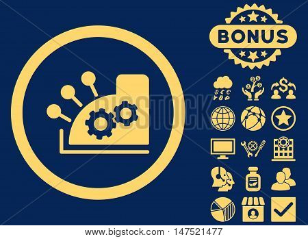 Cash Register icon with bonus elements. Vector illustration style is flat iconic symbols, yellow color, blue background.
