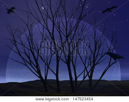 Dead tree bush in the desert with crow raven by night with full moon - 3D render