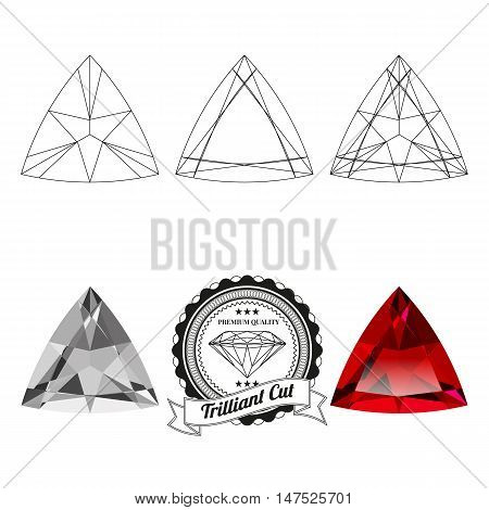 Set of trilliant cut jewel views isolated on white background. Trilliant cut jewel top and bottom views. Trilliant cut realistic ruby. Trilliant cut realistic diamond. Trilliant cut badge.