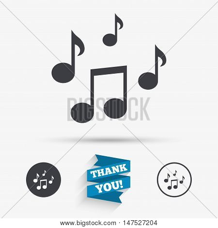 Music notes sign icon. Musical symbol. Flat icons. Buttons with icons. Thank you ribbon. Vector