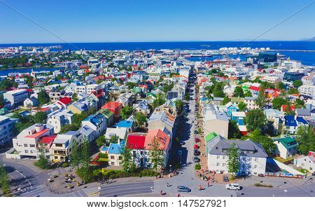 Beautiful Super Wide-angle Aerial View Of Reykjavik, Iceland With Harbor And Skyline Mountains And S