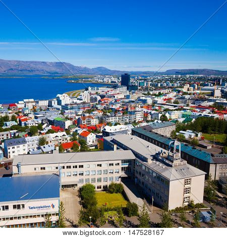 Beautiful Super Wide-angle Aerial View Of Reykjavik, Iceland With Harbor And Skyline Mountains And S