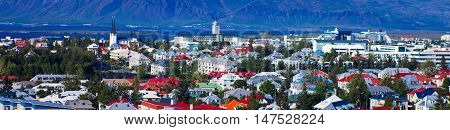 Beautiful Super Wide-angle Aerial View Of Reykjavik, Iceland With Harbor And Skyline Mountains And S