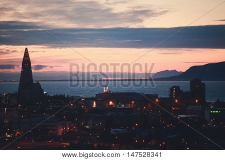 Beautiful Super Wide-angle Aerial View Of Reykjavik, Iceland With Harbor And Skyline Mountains And S