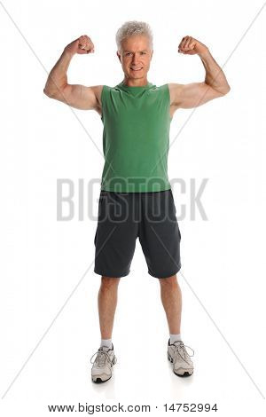 Mature man flexing muscles standing isolated over white background