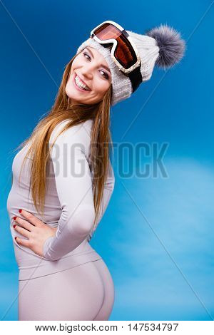 Woman In Thermal Underwear Ski Googles