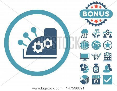 Cash Register icon with bonus images. Vector illustration style is flat iconic bicolor symbols, cyan and blue colors, white background.