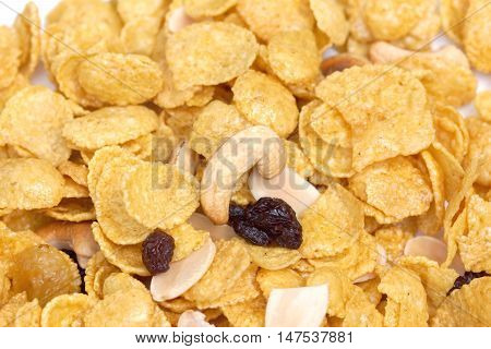 Caramel corn flake closeup isolated on white