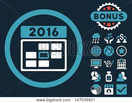 2016 Date icon with bonus pictures. Vector illustration style is flat iconic bicolor symbols, blue and white colors, dark blue background.