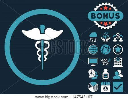 Caduceus icon with bonus elements. Vector illustration style is flat iconic bicolor symbols, blue and white colors, dark blue background.