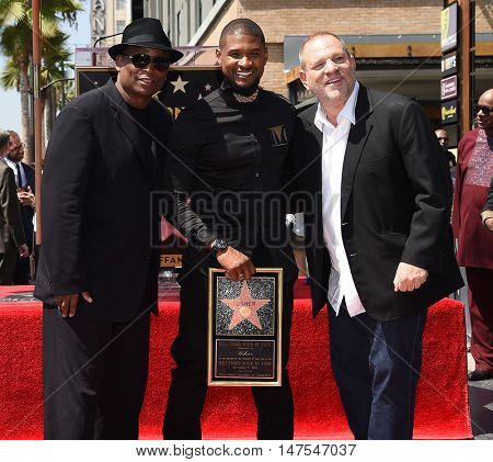 LOS ANGELES - SEP 07:  Terry Lewis, Usher and Harvey Weinstein arrives to the Walk of Fame honors Usher on September 07, 2016 in Hollywood, CA                