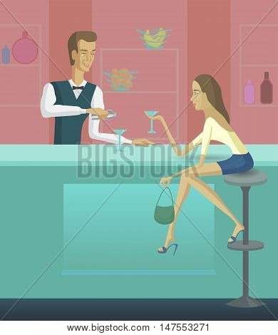 Girl and bartender vector illustration. Woman sitting at the bar counter. Barman pouring drink.