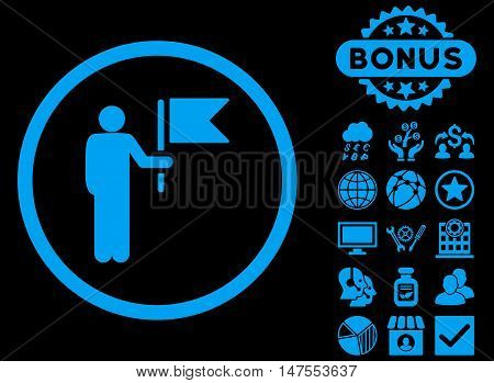 Commander icon with bonus symbols. Vector illustration style is flat iconic symbols, blue color, black background.