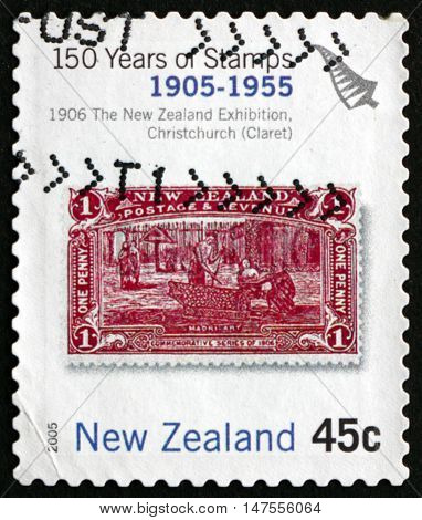 NEW ZEALAND - CIRCA 2005: a stamp printed in New Zealand shows Maori Art the New Zealand Exhibition Christchurch Stamp from 1906 circa 2005