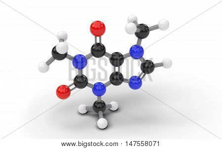 Structural model of caffeine molecule. 3D render.