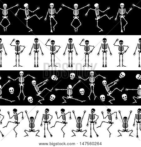 Dansing skeletons seamless borders set. Skeleton horizontal pattern vector illustration