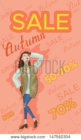 Autumn sale poster, concept, banner. Beautiful girl wearing autumn clothes. Cartoon character vector illustration