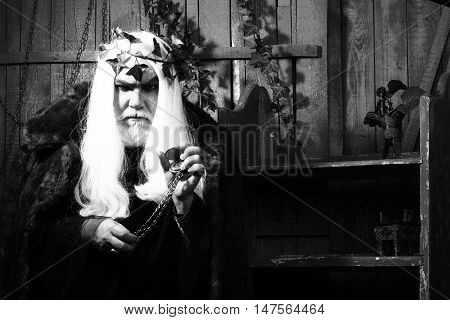 Zeus god or jupiter with vine crown. Mythology ancient Greece black and white