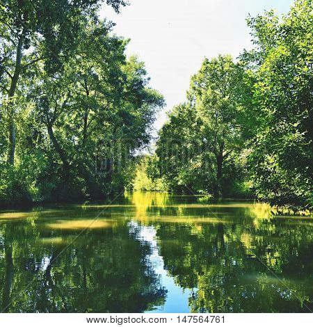 Beautiful summer landscape with river.Bata canal. Beautiful scenery in the Czech Republic.