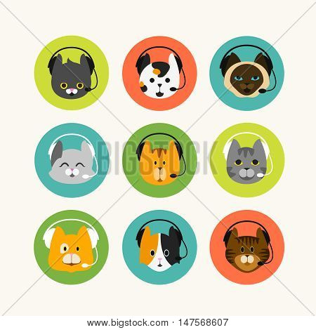 cat with phone headset vector set icons