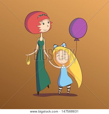 Vector illustration of the walking mother witch douther