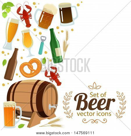 Side vertical border with colorful beer icons. Template for packaging cards posters menu. Vector stock illustration.