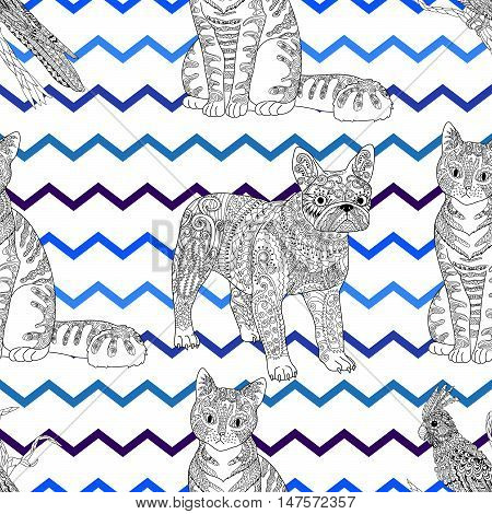 High detailed seamless pattern with pets in zentangle style. Adult coloring page with domestic animals for anti stress art therapy. Zendoodle template for wrapping or scrapbook paper. Vector.