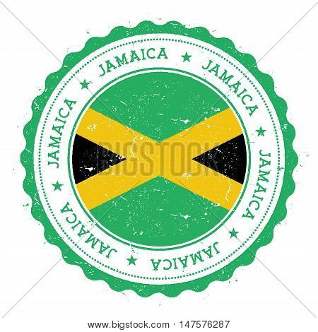 Grunge Rubber Stamp With Jamaica Flag. Vintage Travel Stamp With Circular Text, Stars And National F