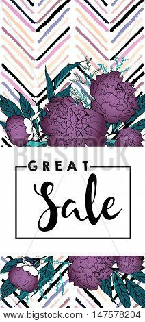 Vector flyer for great sale. Square text template. Purple peonies and chevron modern brush spot in trendy pastel colors. Use for business fashion promotion.
