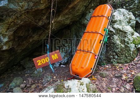 Semporna,Sabah-Sep 10,2016:A rescue stretcher at hiking trail in Bohey Dulang,Tun Sakaran Marine Park,Semporna,Sabah,Borneo.It is the most popular island for hiking & climbing activities.