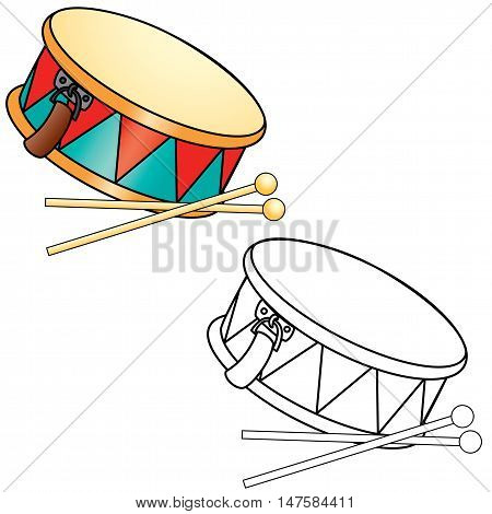 Coloring book. Drum and drumsticks. Vector illustration