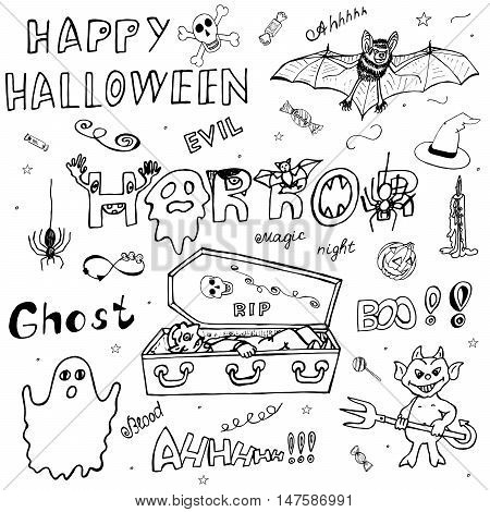 Happy Halloween. Hand Drawn Icons set. Ideal Composition Itemized Sketch for design. The Designation collection of elements, signs, symbols about Horror. Free-hand Art Doodles. Vector illustration.
