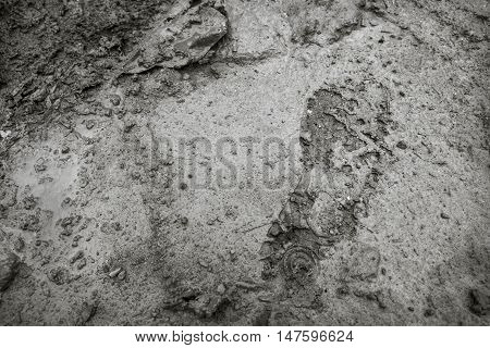 Imprint of the shoe on mud with copy space (black and white)