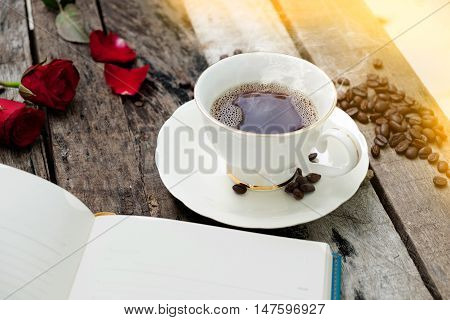 Coffee cup in Morning on old wood background
