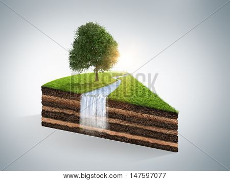 3d illustration of cross section of ground with grass isolated on white. 3D rendering