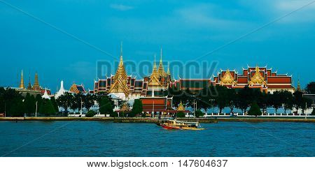 View beautiful Phrakaew temple on river foreground