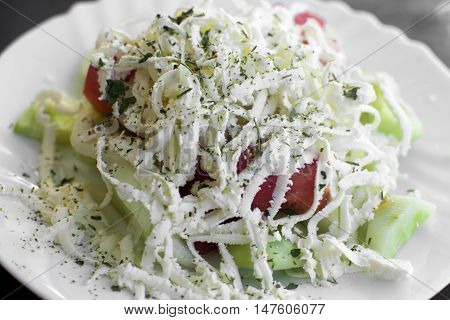 Serbian traditional food salad with feta cheese.