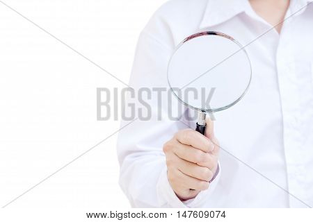 man using magnifying glass for searching isolated on white background ( soft focus)