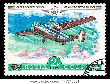 USSR - CIRCA 1979: The postal stamp printed in USSR (Russia) shows airplane An-28 circa 1979