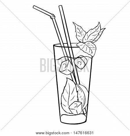 Vector Lineart Cocktail Mojito With Mint Leaves And Straws