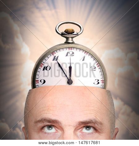 Final countdown. Man with watch or time bomb in his head. Mental illness or terrorism theme.