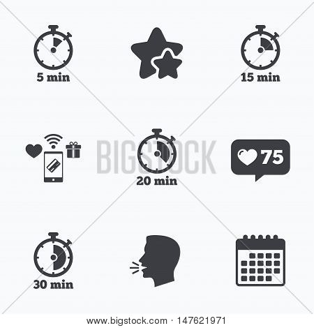 Timer icons. 5, 15, 20 and 30 minutes stopwatch symbols. Flat talking head, calendar icons. Stars, like counter icons. Vector