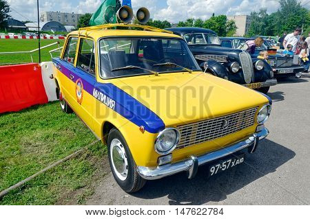 Kharkiv Ukraine - May 22 2016: Soviet retro police car VAZ-2101 manufactured between 1970 and 1988 is presented at the festival of vintage cars Kharkiv Retro Rally - 2016 in Kharkiv Ukraine on May 22 2016