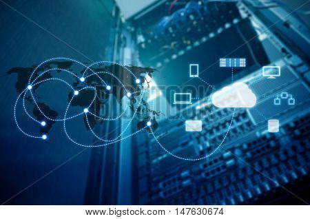Double exposure of world map connecting with cloud technology in Technology communication and business concept world map element of this image furnished by NASA