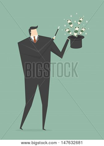 Businessman Making Money From Magic Hat. Business concept cartoon illustration.