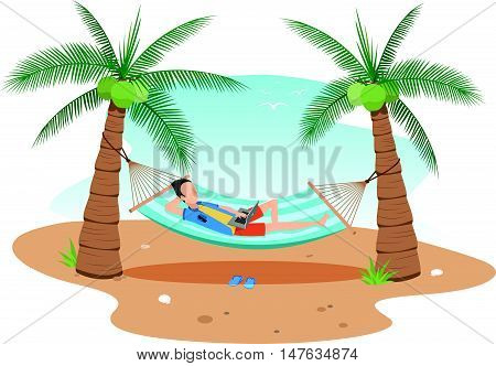 vector illustrationman chilling using laptop in a hammock on beach under two coconuts treecartoon flat style