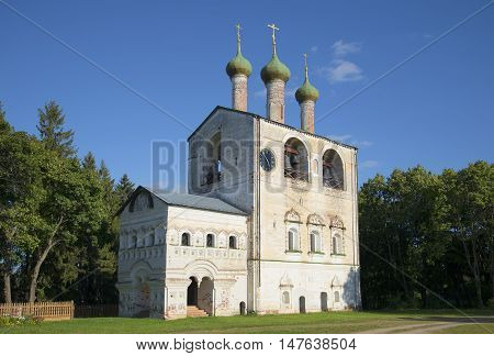 View on the bell tower of the old Rostov Borisoglebsky monastery on a summer day. Yaroslavl region